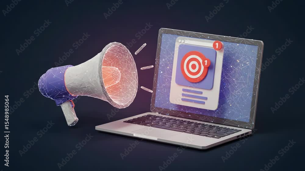 Poster laptop displaying target notification next to megaphone in digital illustration against dark backgro