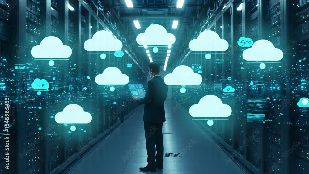 Poster man in suit using tablet surrounded by servers and cloud icons in data center hallway with blue ligh