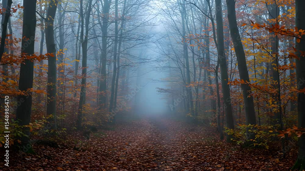 Poster misty autumn forest path covered with fallen leaves and a dense foggy in nature with tall trees with