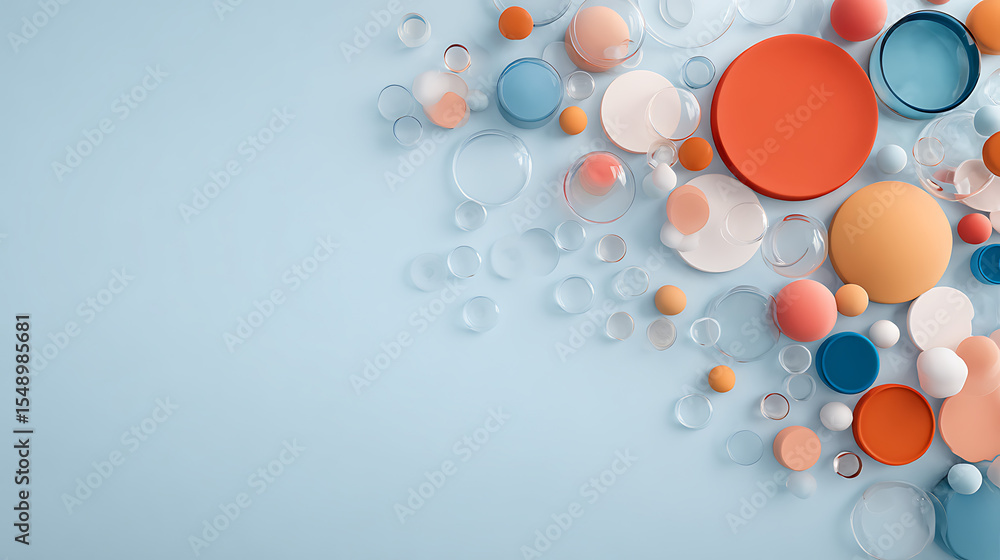 Poster dynamic background with glass and colorful plastic shapes. 3d rendering illustration.