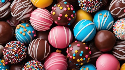 Obraz premium An enticing display of colorful chocolates and sweets, featuring a variety of delightful shapes and styles, perfect for any dessert lover's craving for something sweet.
