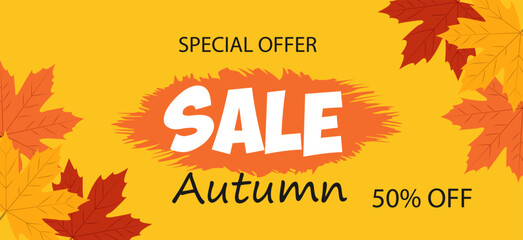 Autumn sale offers 50 percent off on select items for a limited time in a vibrant design with orange leaves