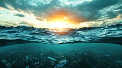 Obraz premium A breathtaking seascape captures the dramatic interplay of sun and ocean, highlighting sparkling waves and a colorful sky filled with stunning clouds at sunset.