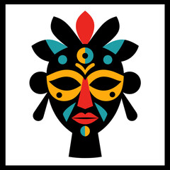 Naklejka premium Stylized African Mask Illustration with Geometric Shapes and Bold Colors Depicting Traditional Culture