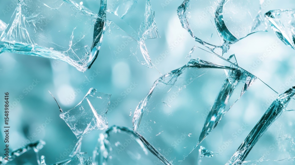 Aufkleber the image displays a multitude of sharp, fragmented glass shards scattered across a tranquil blue ba