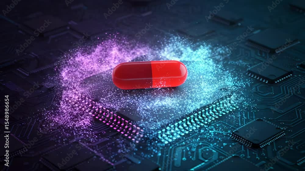 Poster two tone pill on microchip radiating blue and pink light in a dark circuit board background creating