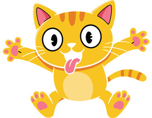 Funny cartoon orange cat illustration, playful kitten vector, cute character jumping, silly animal expression, happy paws up pose, children comic pet art graphic