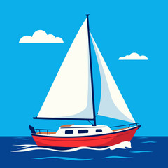 Fototapeta premium Illustration of a Red and White Sailboat Sailing on a Blue Sea with Clouds, Vector Graphic