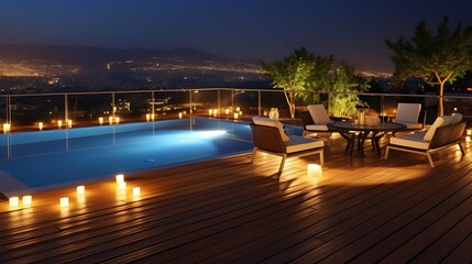 Obraz premium Private hilltop villa glowing at night with pool lights creating rippling reflections, dark wood deck, rattan furniture with soft orange cushions, and panoramic city view