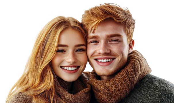 Smiling Young Couple With Red Hair and Cozy Sweaters Enjoying Togetherness in a Bright and Joyful Moment Captured in a Close-Up Portrait - Powered by Adobe