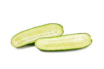 Cucumber isolated on white background. Slice of cucumber on white background. Fresh organic green cucumbers. Vegan. Ingredient for salad. Farm vegetables.