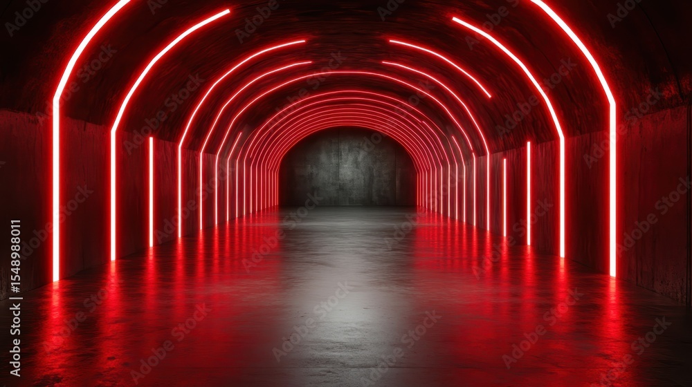 Poster a striking view of a modern tunnel illuminated by red neon lights, creating an abstract yet dramatic