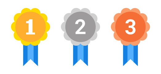 1st 2nd 3rd Place Medals with Blue Ribbons. Vector Illustration for Sports Awards, Quizzes, and Education Apps