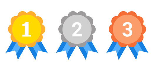 Gold, Silver, and Bronze Medal Set with Blue Ribbons and Ranking Numbers. Vector Icons for Games, Competitions, and Achievements