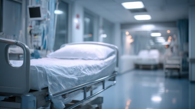 A quiet hospital corridor is illuminated by soft lights. An empty patient bed with clean sheets is positioned against the wall