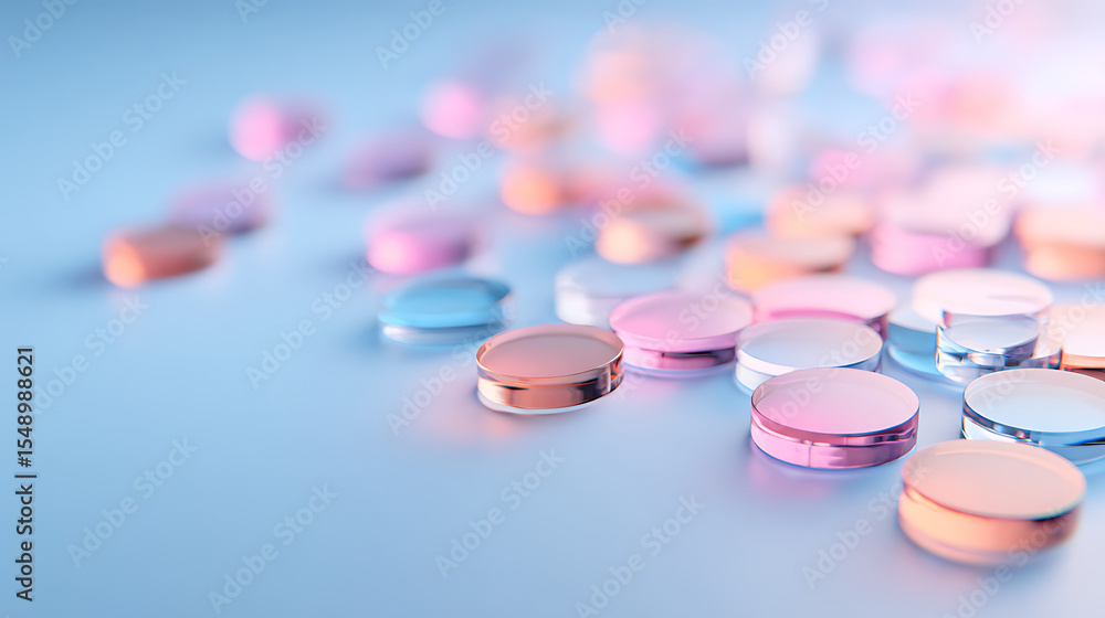 Poster glass round shapes with colorful reflections. 3d rendering.
