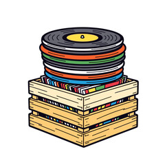 Stack of Vinyl Records on a Wooden Crate Illustration, Music Collection and Hobby Concept