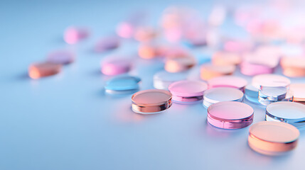 Glass round shapes with colorful reflections. 3d rendering.