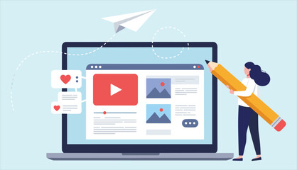 Content creation, digital marketing, and multimedia publishing concept: Woman editing online video and image content on a laptop for audience engagement.