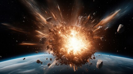 A stunning visualization of an explosion in space, showcasing a fiery blast with fragments of rocks and debris, symbolizing chaos and the power of nature in the cosmos.