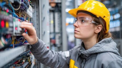 Skilled technician adjusts connections in an electrical panel, showcasing her expertise in a busy industrial environment. Bright safety gear ensures she is well protected while working