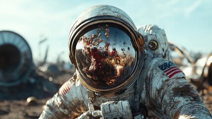 A compelling image of an astronaut in a heavily damaged suit, highlighting human resilience as they navigate a stark, otherworldly landscape amidst abandoned spacecraft.