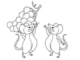 Set of two cartoon mice, one carrying a big bunch of grapes, the other reaching for it. The mouse has a round body, small ears and a long tail. The grapes are large and clustered in bunches. For