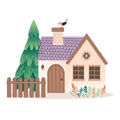 A cozy house surrounded by pine trees and flowers. There is a bird sitting on the roof. There is a fence in front of the house and a tile roof with a chimney. The scene is bright and inviting. Vector