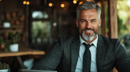 A professional-looking businessman with a charming smile, dressed in a suit, poses at his desk in a well-lit office, emanating confidence and approachability.