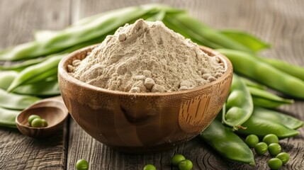 An inviting wooden bowl filled with green pea flour, surrounded by fresh peas, highlighting the organic nature of this wholesome ingredient perfect for various dishes.