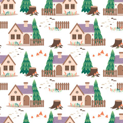 A whimsical pattern featuring small houses, trees and stumps with mushrooms. Houses with purple roofs, fences and white walls are surrounded by green trees and minimalist mushrooms. Vector