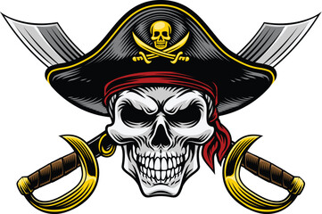 Pirate skull crossbones wearing a tricorn captain hat crossing sabers or scimitar cutlass pirate swords. In a vintage retro woodcut style.