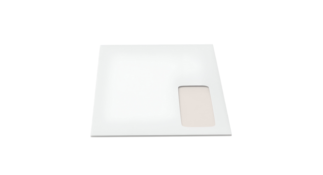 A minimalistic white square surface with a small cutout, possibly for a device or object placement.