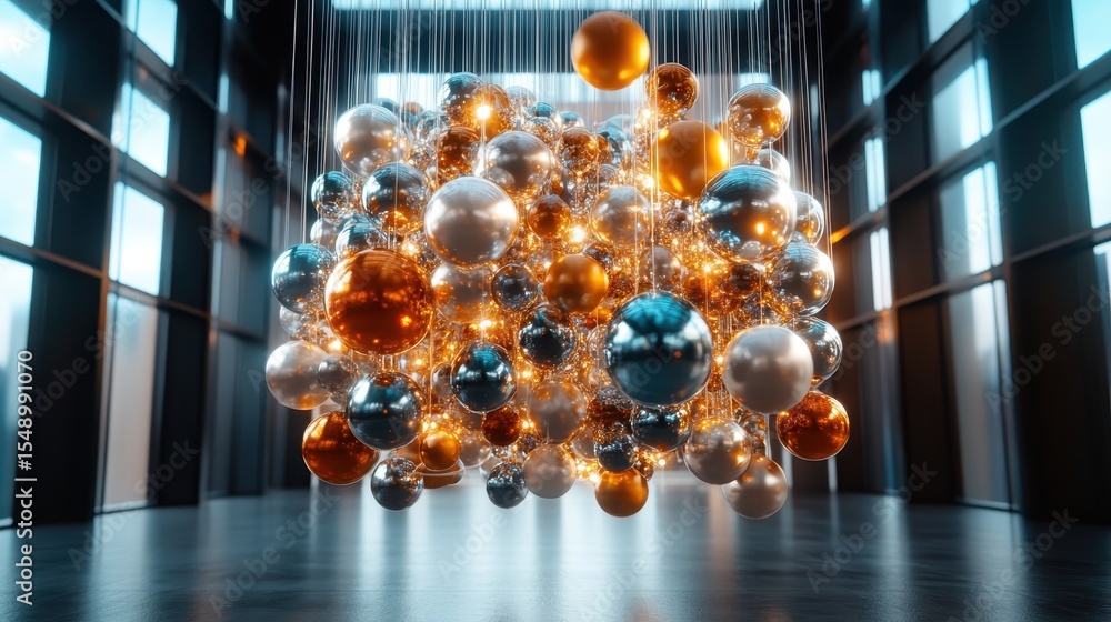 Poster an intricate assembly of metallic spheres in varying sizes and colors, suspended in space to create 