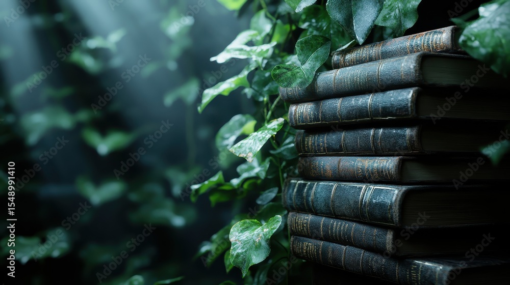 Poster a stack of old, leather-bound books is partially enveloped by vibrant green ivy, illuminated by soft
