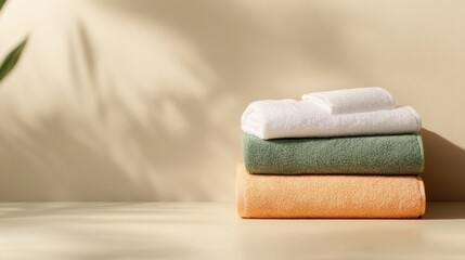 A neatly arranged stack of fresh towels in earthy tones, creating a sense of tranquility and serenity perfect for a spa-like atmosphere in your home.