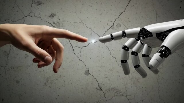 A human hand and a robotic hand touch creating a powerful image of technological advancement and human connection