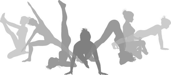 Silhouette yoga pilates women poses set. Active sports people healthy players fitness silhouettes concept.