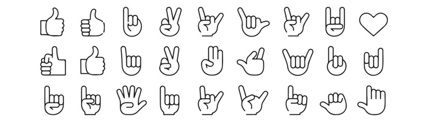 Hand gesture line icon set. Vector pictograms of thumbs up, peace sign, high five, fist bump, rock on, heart shape thin linear illustration for communication, expressions, finger actions. 