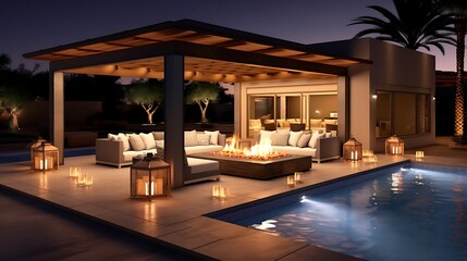 Fototapeta premium Sophisticated desert villa at night with softly lit pool, sand-colored patio tiles, dark olive green outdoor sofa set, and glowing orbs placed around lounge zone