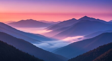A scenic view of mountain ranges shrouded in mist under a vibrant sunset sky with pink and purple hues