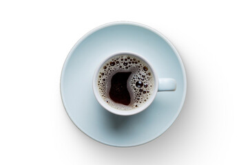 A top-down view of a coffee cup filled with dark liquid, resting on a light-colored saucer.
