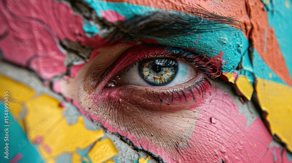 Poster an artistic close-up view of a human eye, decorated with vibrant colors and patterns, that captures 