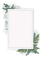 White card with a green border, adorned with delicate green fern leaves and blueberries, perfect for invitations, greetings, and decorative frames