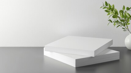 Obraz premium Stacks of Blank White Paper on Grey Table with Green Plant and Copy Space. Ideal for Mockups, Office, and Design.