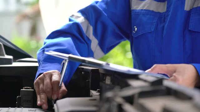 Action of a repairman is checking on multi-point checklist form during perform service the car parts. Industrial working scene, close-up and selective focus.
