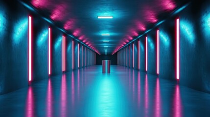 An immersive futuristic hallway bathed in blue and pink neon lights, creating a striking visual atmosphere that evokes a sense of mystery and modernity.