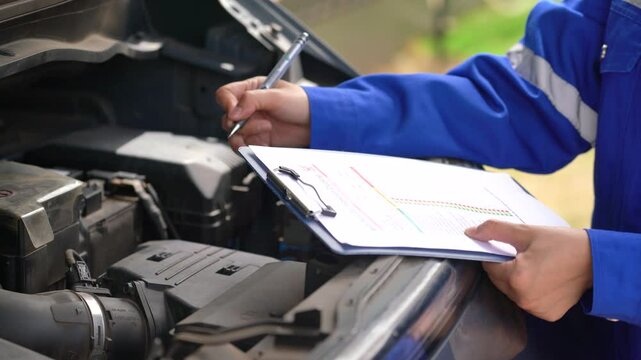 Action of a repairman is checking on multi-point checklist form during perform service the car parts. Industrial working scene, close-up and selective focus.