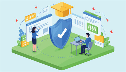 Online education security, e-learning data protection, and secure academic platform concept: Digital learning with shield, graduation cap, and users.