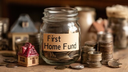 Saving for First Home Fund with Coins and Miniature House Decor